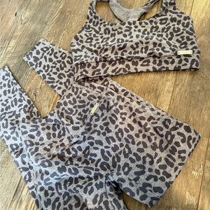 Bombshell Sportswear Gray Leopard Leggings and Sports Bra Set
